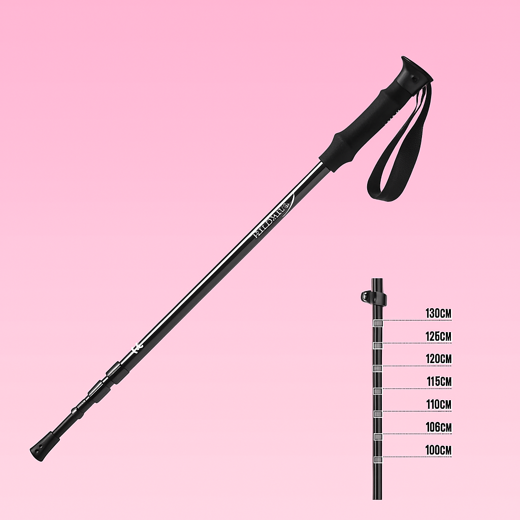 Black adjustable hiking pole on a pink background with measurement chart.