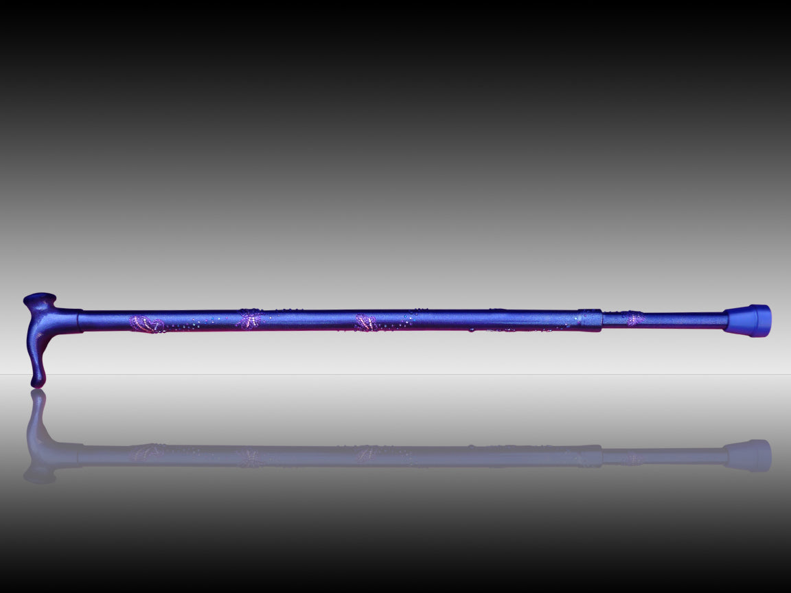 GlitterWings walking stick in purple  - showing the butterflies  showing in diamanté down the walking stick