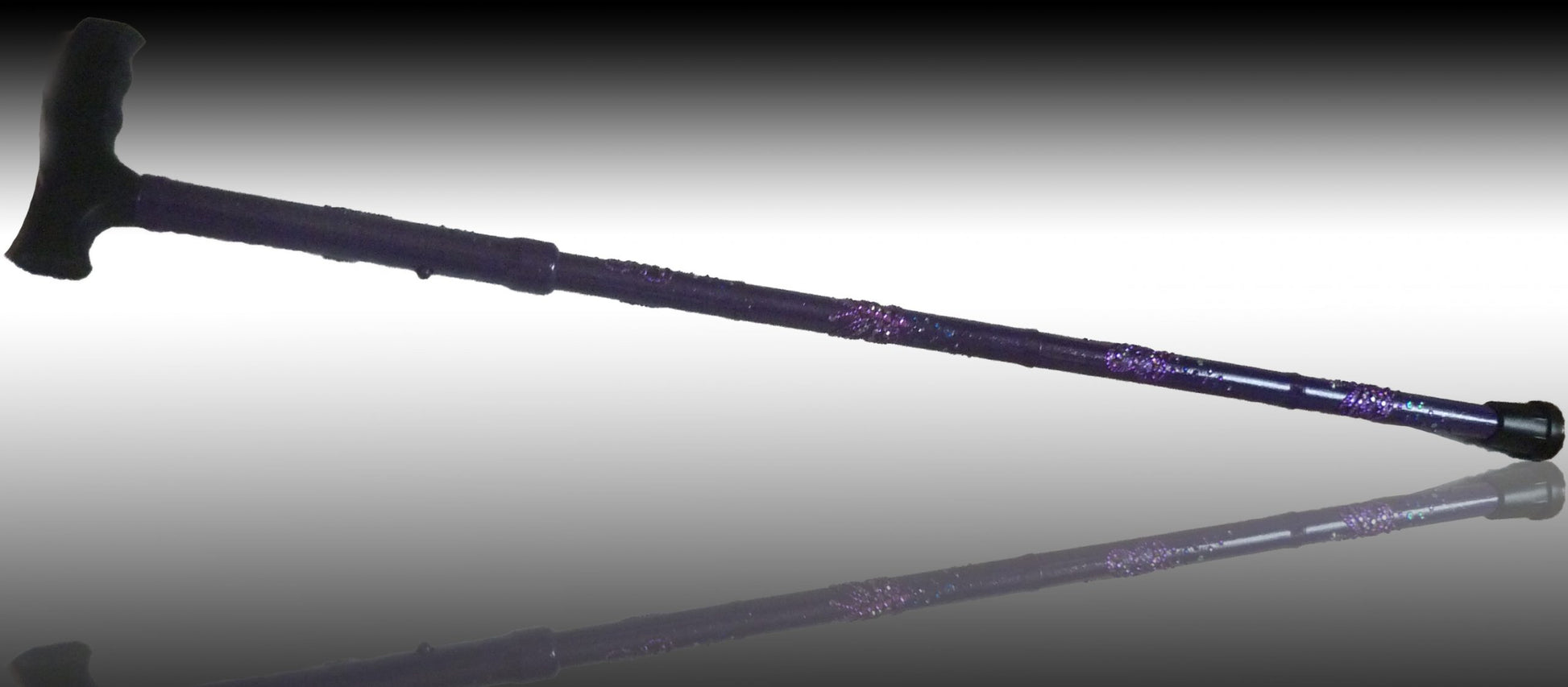 GlitterWings walking stick in purple  - showing the butterflies  showing in diamanté down the walking folding stick