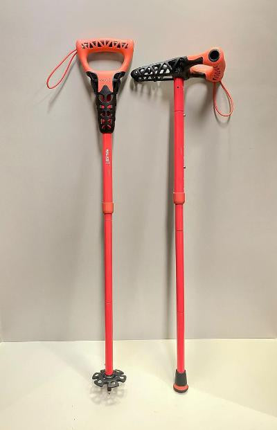 2 Foldable sticks in bright red showing different options for the foot of the stuck