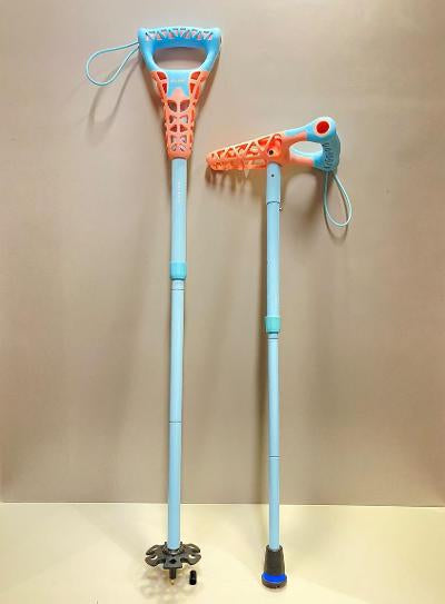 2 Foldable sticks in baby blue showing different options for the foot of the stuck