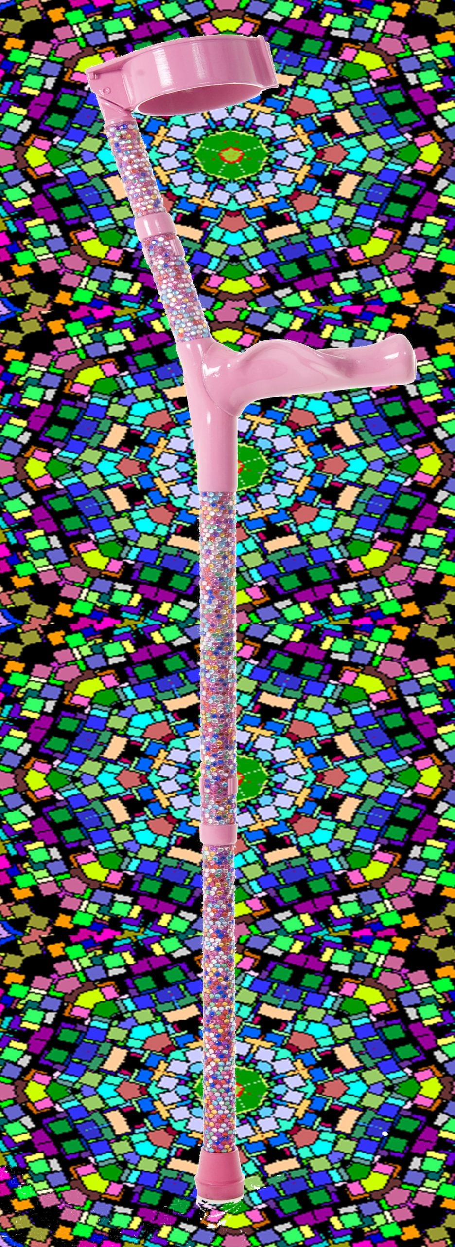 Kaleidoscope Crutch with pink cuff, handle and ferrule. The