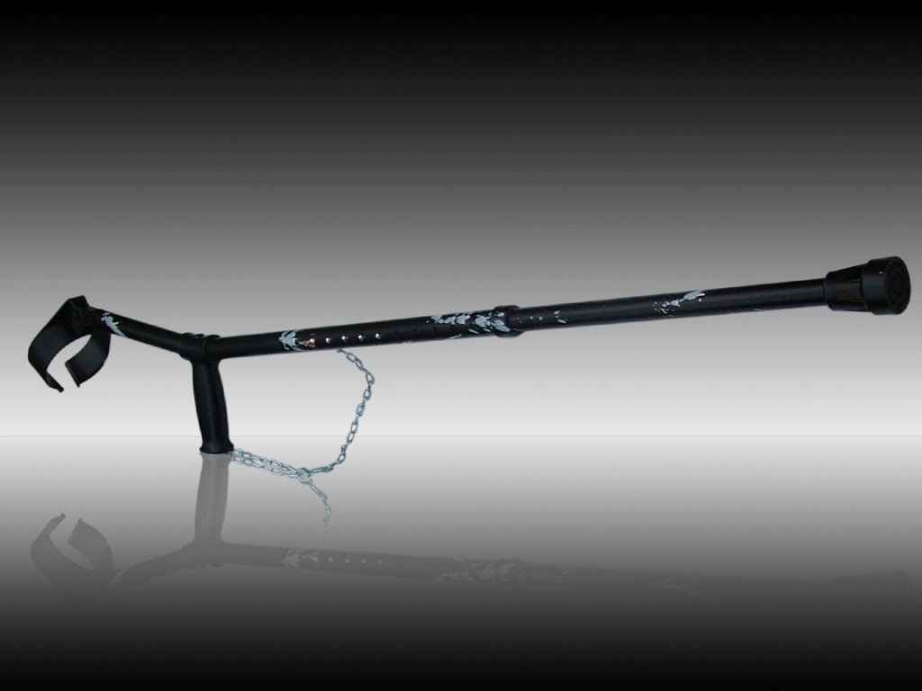 The Punk crutch which is black and has a chain from the bottom of the handle to the main part of the crutch. It also has some design elements in white