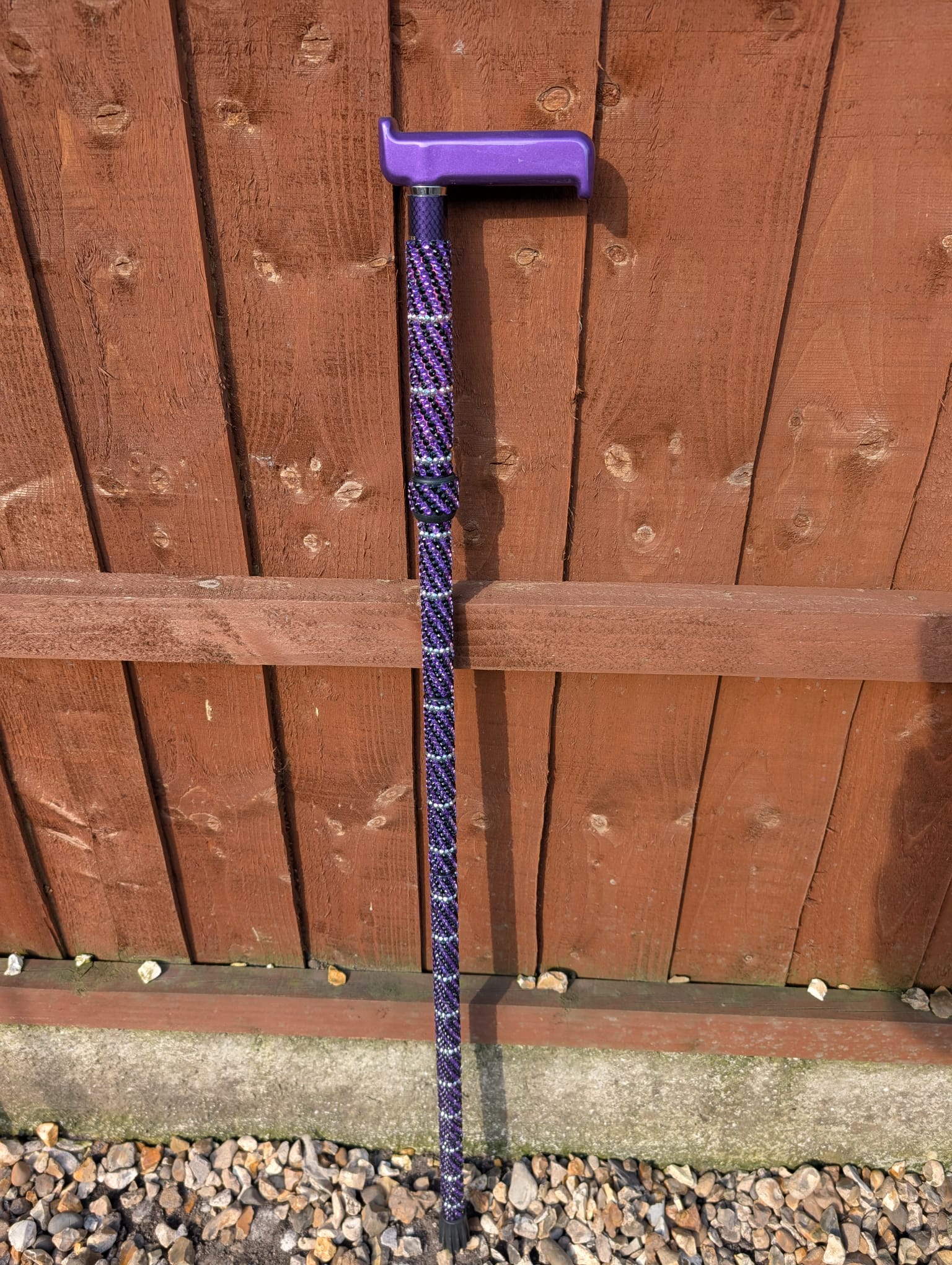 Purple and blue striped cane against a wooden fence