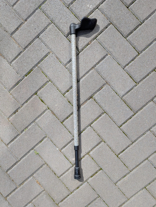 Cane with a crystals on a grey brick pavement
