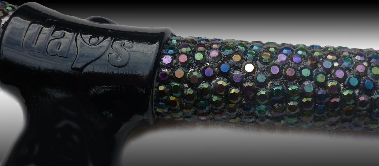 A close up of the diamanté with multiple colours and black handle on the Chameleon Folding Walking Stick 