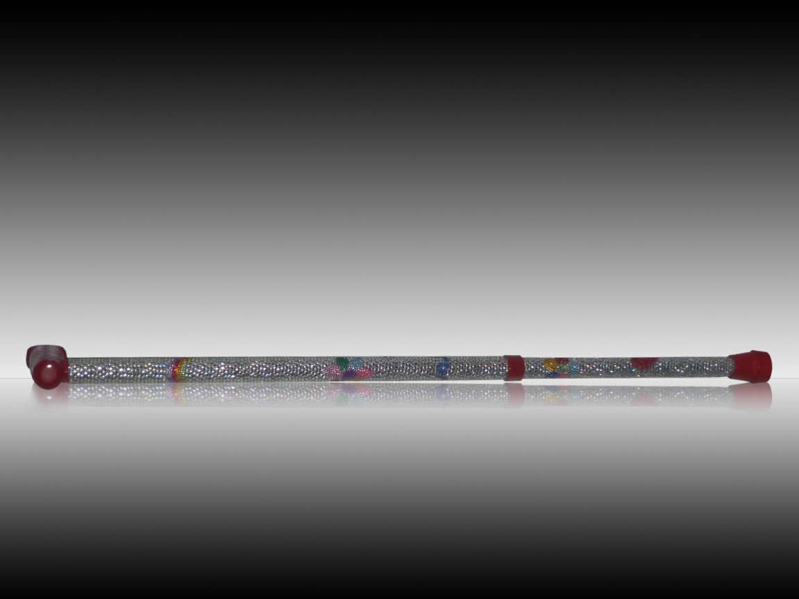 The Hippy Chick Walking stick with red  handle and Ferrule. The image shows the stick with clear Rhinestones with some coloured stones going the stick which are multiple coloured and patterned